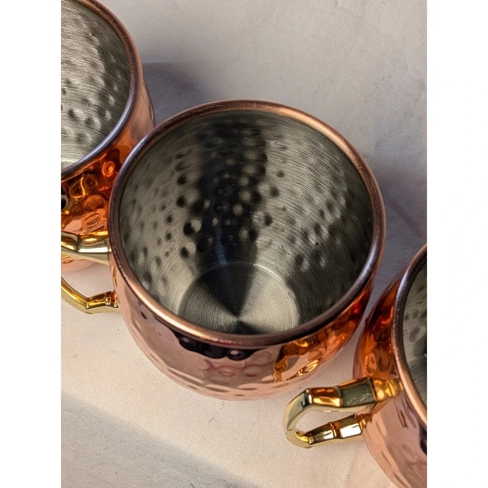 Eco-One Hammered Copper Moscow Mule Mugs Set of 4 Stainless Steel Gold Handle